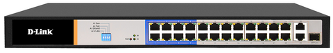 DLINK DES-F1026P-E - 26-Port PoE Switch with 24 10/100Mbps PoE+ Ports (8 Long Reach 250m) and 2 Gigabit Uplinks with Combo SFP. PoE budget 250W.