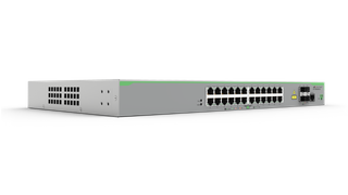 Allied Telesis Layer 3 Lite Managed Access Switch, 24x 10/100T PoE, 4x SFP uplinks, dual fixed AC/DC power supplies, AU Power Cord.