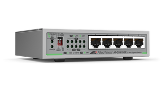 Allied Telesis 5 port 10/100/1000T unmanaged switch with external PSU (AC adaptor), AU Power Cord.