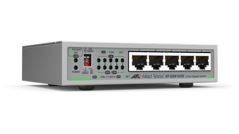 Allied Telesis 5 port 10/100/1000T unmanaged switch with external PSU (AC adaptor), AU Power Cord.