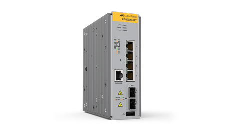 Allied Telesis Industrial managed switch, 4 x 10/100TX ports and 2 x 100/1000X SFP, DC power supplies. Requires purchase of Net.Cover for Support and Software Updates.