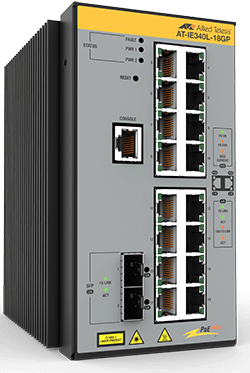 Allied Telesis 16 x 10/100/1000T POE+ ports,  2 x 1000X SFP, advanced L3 industrial switch, DC power supplies Requires purchase of Net.Cover for Support and Software Updates.