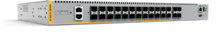 Allied Telesis 24-port 100/1000X SFP stackable L3 switch with 4 SFP+ ports and 2 fixed power supplies, DC power supplies. Requires purchase of Net.Cover for Support and Software Updates.