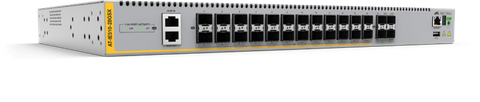 Allied Telesis 24-port 100/1000X SFP stackable L3 switch with 4 SFP+ ports and 2 fixed power supplies, DC power supplies. Requires purchase of Net.Cover for Support and Software Updates.