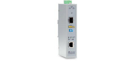 Allied Telesis 2-port Gigabit Ethernet PoE+ Industrial Media Converter, 10/100/1000T PoE+ to 100/1000X SFP, DC power supplies.