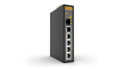 Allied Telesis Industrial unmanaged PoE+ switch, 4 x 10/100/1000TX PoE+ ports , 1 x 10/100/1000TX ports and 1 x 100/1000X SFP combo, DC power supplies