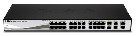 DLINK 28-Port 10/100Mbps Web Smart PoE Switch with 4 Gigabit Ports (2 RJ45 and 2 Combo RJ45/SFP). PoE budget 193W.