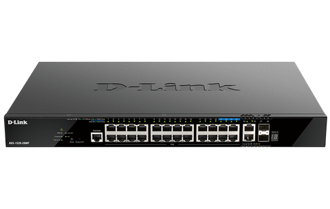 DLINK 28-Port Gigabit Smart Managed Stackable PoE+ Switch with 20 PoE+ 1000Base-T, 4 PoE+ 2.5GBase-T, 2 10GBase-T and 2 SFP+ Ports. PoE budget 370W (740W with DPS-700).