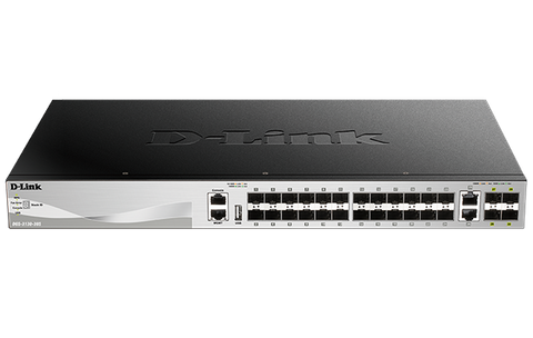 DLINK 30 port Stackable Gigabit Switch with 24 SFP ports and 4 10 Gigabit SFP+ ports and 2 10GBASE-T ports.