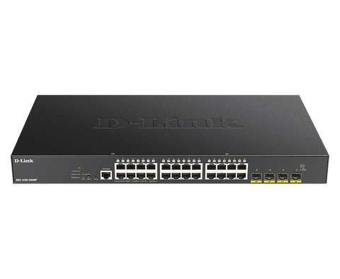 DLINK 28-Port Gigabit Smart Managed PoE+ Switch with 24 PoE+ RJ45 and 4 SFP+ 10G Ports. PoE budget 370W.