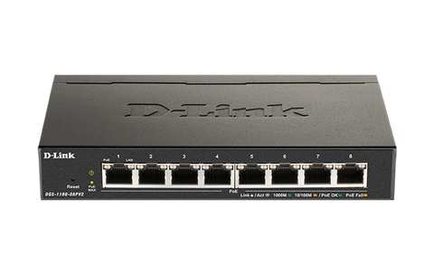 DLINK 8-Port Gigabit Smart Managed Switch with 8 PoE+ ports. PoE budget 64W.