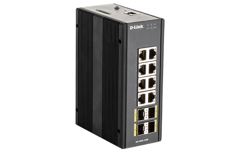 DLINK 12-Port Gigabit Industrial Managed Switch with 8 1000BASE-T ports and 4 SFP ports, operating temp up to 75?C, DIN Rail mountable