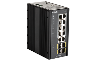 DLINK 14-Port Gigabit Industrial Managed PoE Switch with 10 1000BASE-T ports (8 PoE+) and 4 SFP ports, operating temp up to 75?C, DIN Rail mountable. PoE budget 240W.