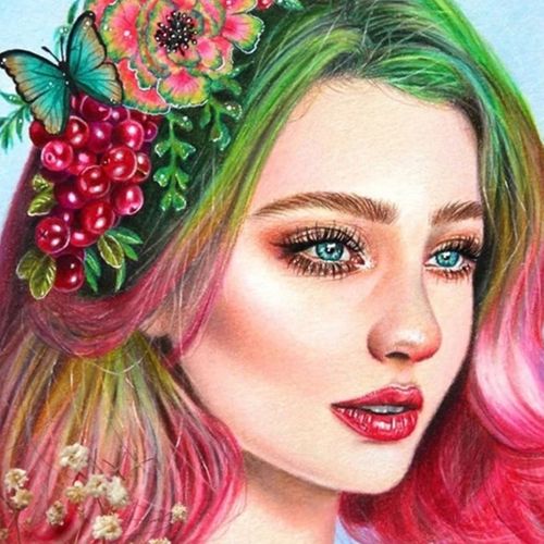 A girl with flowers in her hair, drawing a portrait in colour pencils