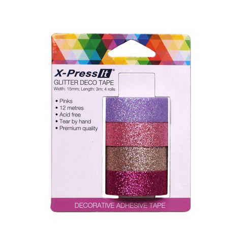 X-Press It Glitter Deco Tape Pinks 15mm x 3m x 4 rolls