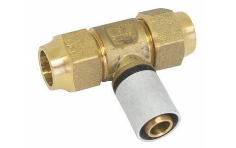 BRASS INLINE COPPER TO PEX PIPE TEE 1/2 INCH BSP x 1/2 INCH BSP x 16MM PEX TO FI