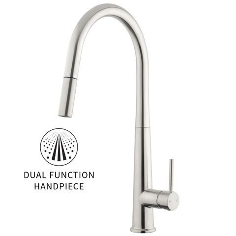 VODA APOLLO GOOSENECK PULL OUT SINK MIXER BRUSHED NICKEL
